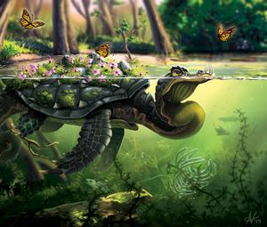 Превью обои черепаха, бабочки, арт, вода