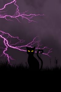 Превью обои черный кот, молния, арт, трава, ночь