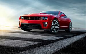 Превью обои chevrolet, camaro, красный, вид спереди