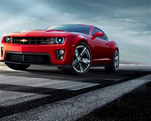 Превью обои chevrolet, camaro, красный, вид спереди