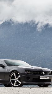 Превью обои chevrolet, camaro ss, черный, вид сбоку, горы