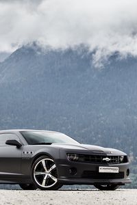 Превью обои chevrolet, camaro ss, черный, вид сбоку, горы