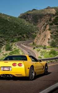 Превью обои chevrolet corvette, chevrolet, автомобиль, желтый, вид сзади, дорога