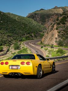 Превью обои chevrolet corvette, chevrolet, автомобиль, желтый, вид сзади, дорога