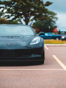 Превью обои chevrolet corvette, машина, спорткар, черный, вид спереди