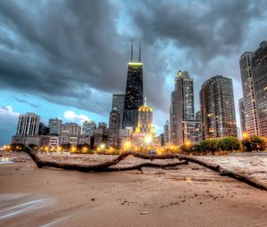 Превью обои чикаго, небоскреб, берег, песок, hdr