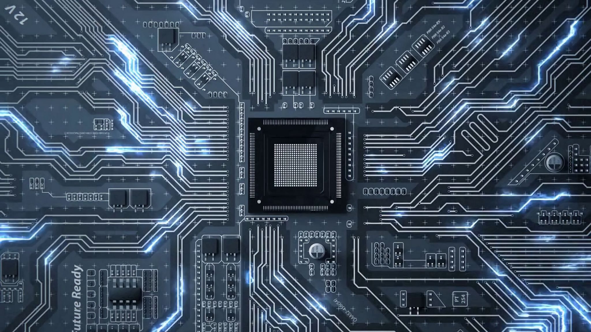 2048x1152 чип, схема, процессор, транзисторы, дорожки, свечение обои ультра...