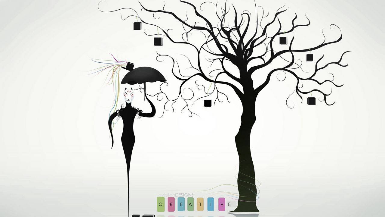 Обои creative, дерево, маска, зонт