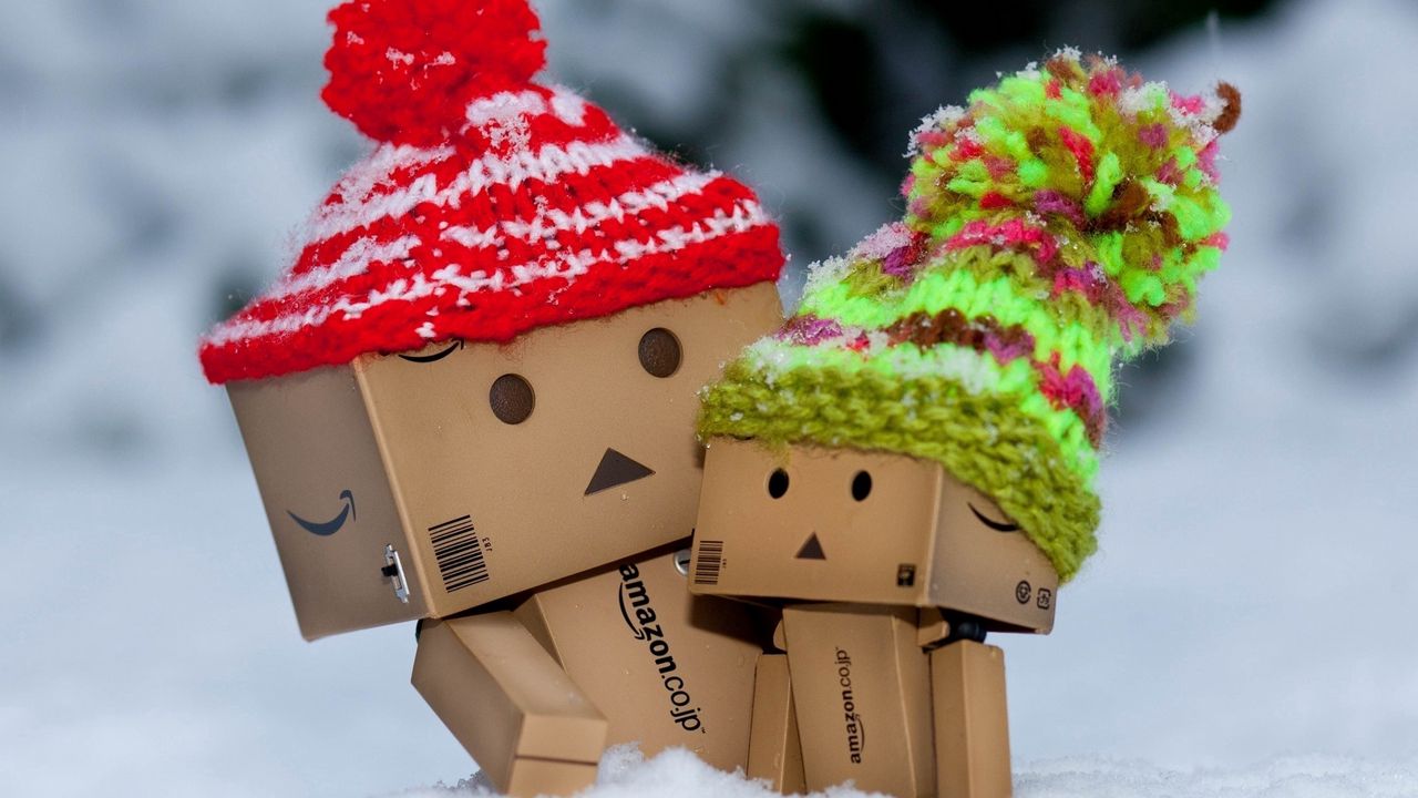 Обои danboard, картонные роботы, шапки, снег