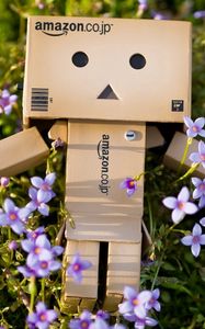 Превью обои danboard, картонный робот, цветы, трава