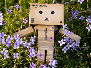 Превью обои danboard, картонный робот, цветы, трава