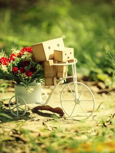 Превью обои danboard, велосипед, картонные роботы, цветы, трава