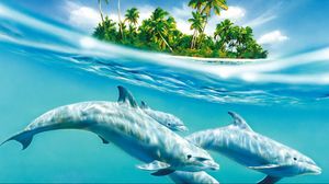 Превью обои дельфин, пальмы, ветер, волны, море, деревья