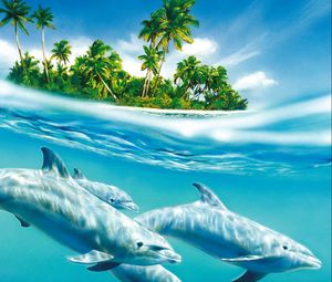 Превью обои дельфин, пальмы, ветер, волны, море, деревья