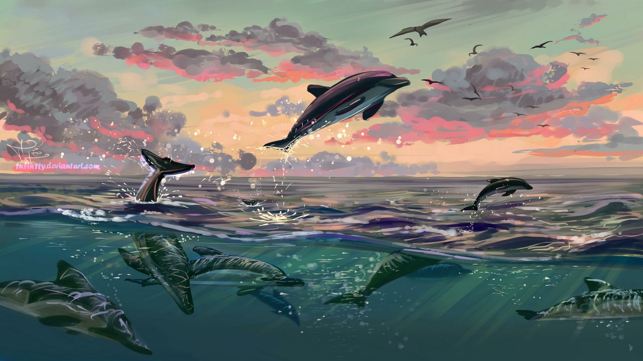 Обои дельфины, прыжок, вода, арт, море