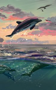 Превью обои дельфины, прыжок, вода, арт, море