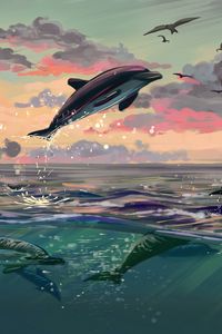 Превью обои дельфины, прыжок, вода, арт, море