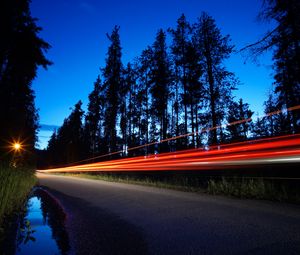 Превью обои деревья, дорога, длительное воздействие, ночь