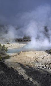 Превью обои деревья, дым, пар, озеро, источники, природа