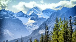 Превью обои деревья, ель, горы, облака