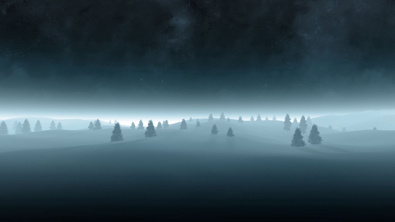 Обои деревья, ели, снег, очертания, мрачные, туман, темнота