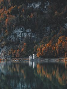 Превью обои деревья, гора, озеро, берег
