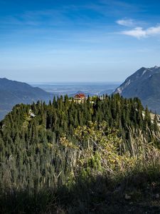 Превью обои деревья, лес, горы, дом, природа, небо