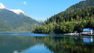 Превью обои деревья, лес, склоны, горы, водоем, дом