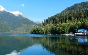 Превью обои деревья, лес, склоны, горы, водоем, дом