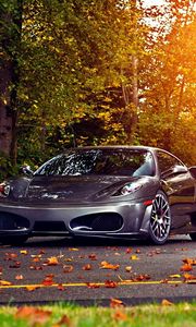 Превью обои деревья, листья, ferrari, ferrari f430 scuderia, осень