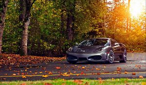 Превью обои деревья, листья, ferrari, ferrari f430 scuderia, осень