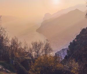 Превью обои деревья, море, горы, туман