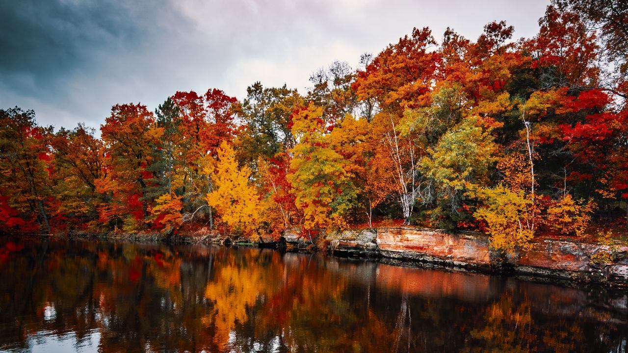 Обои деревья, осень, озеро, отражение, краски осени