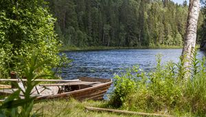 Превью обои деревья, озеро, лодка, природа, пейзаж
