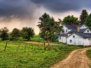 Превью обои деревья, природа, трава, здание, деревня, hdr