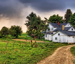 Превью обои деревья, природа, трава, здание, деревня, hdr