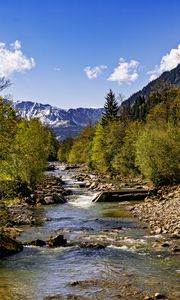 Превью обои деревья, река, горы, камни, природа
