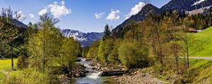 Превью обои деревья, река, горы, камни, природа