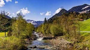 Превью обои деревья, река, горы, камни, природа