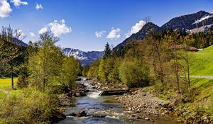 Превью обои деревья, река, горы, камни, природа