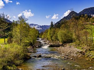 Превью обои деревья, река, горы, камни, природа