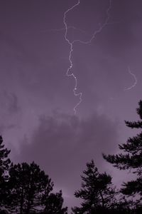 Превью обои деревья, силуэты, гроза, молния, темный