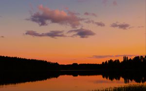 Превью обои деревья, силуэты, лес, озеро, облака, небо, закат, пейзаж