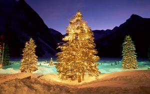 Превью обои деревья, снег, рождество, новый год, гирлянды