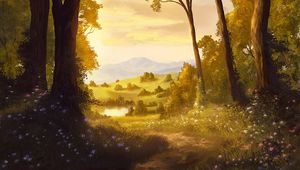 Превью обои деревья, тропинка, пейзаж, свет, арт