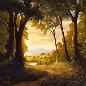 Превью обои деревья, тропинка, пейзаж, свет, арт