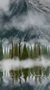 Превью обои деревья, туман, горы, вершины, арт