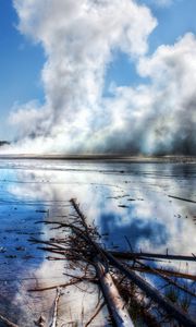 Превью обои деревья, ветки, источник, пар, термальный, вода