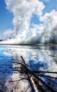 Превью обои деревья, ветки, источник, пар, термальный, вода