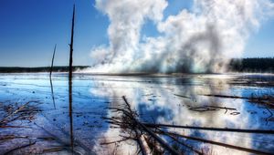 Превью обои деревья, ветки, источник, пар, термальный, вода